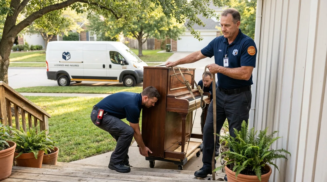 Licensed piano movers securing grand piano in Easthampton, MA