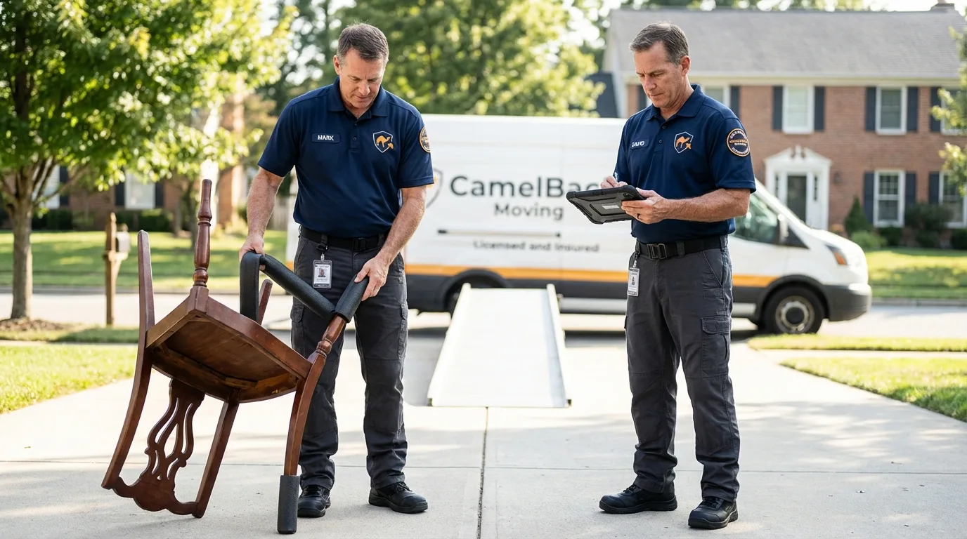 Movers inspecting furniture for damage prevention before loading in Easthampton, MA