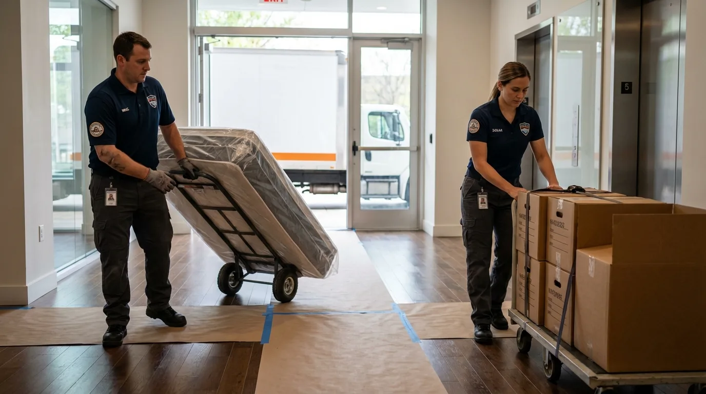Professional apartment movers loading elevator in Easthampton, MA